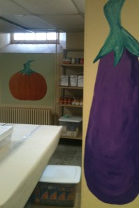 Two of the paintings our church group created at the local food shelf. 